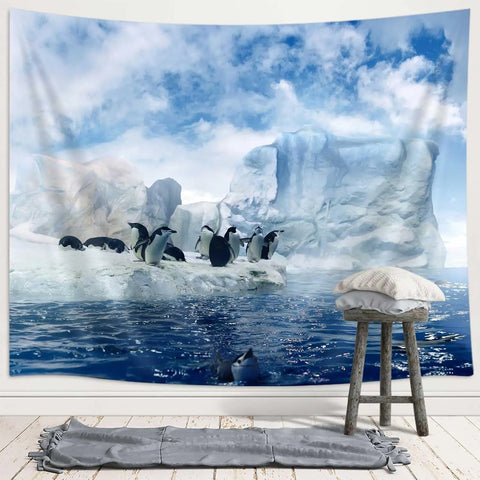 Antarctica Sea Animals Tapestry,Penguins on Winter Glacier Snow 3D Wall Hanging,Hippie Tapestries Blanket for Bedroom Living Roo