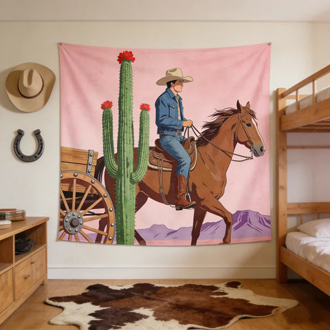 Western Cowboy Pastel Tapestry 2D Printed Desert Cactus & Horse Wall Hanging Retro Rodeo-Themed Home Decor Bedroom Kids Room