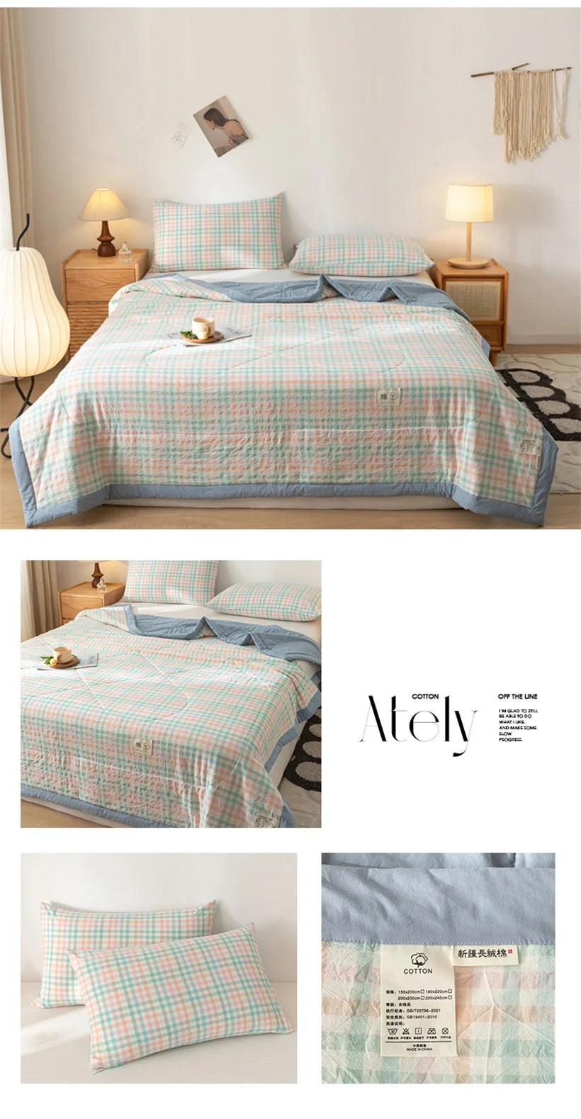 Ins Style Summer Quilt with 100% Cotton Filling Lightweight Skin-friendly Pure Cotton Quilt Plaid Style Thin Comforter Bed Duvet