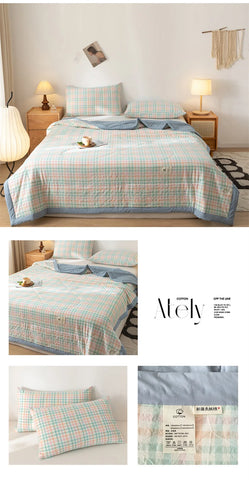 Ins Style Summer Quilt with 100% Cotton Filling Lightweight Skin-friendly Pure Cotton Quilt Plaid Style Thin Comforter Bed Duvet