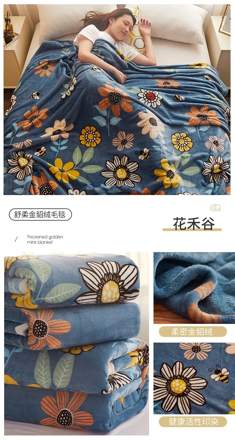 Thin Blanket for Summer Soft Coral Fleece Flannel Blanket for Beds Flower Printed Plaids for Bed Single/Queen/King Size Blanket