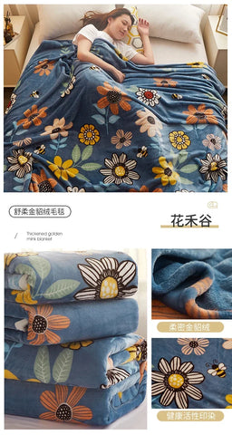 Thin Blanket for Summer Soft Coral Fleece Flannel Blanket for Beds Flower Printed Plaids for Bed Single/Queen/King Size Blanket