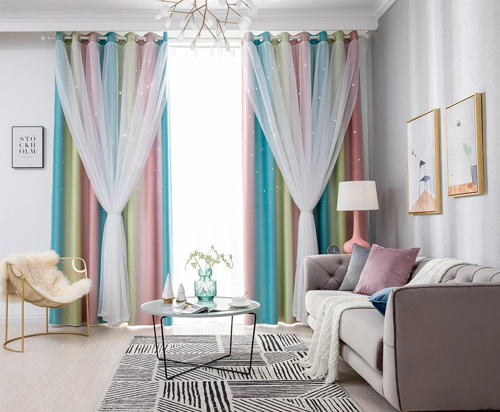 Rainbow Hollow-Out Star Blackout Curtains for Girl Kid Nursery Bedroom and Living Room Double Layer Window Cute Grommet Curtains
