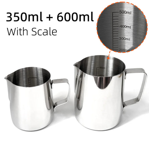 Milk Frother Jugs with Scale 350ml 600ml Stainless Steel Espresso Coffee Milk Pitcher Barista Steaming Cup Latte Art Needle