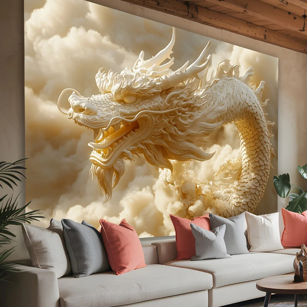 1 pc 3D Dragon and Auspicious Clouds Art Tapestry - Stately White Polyester Wall Hanging, Polyester Fabric, Machine Washable