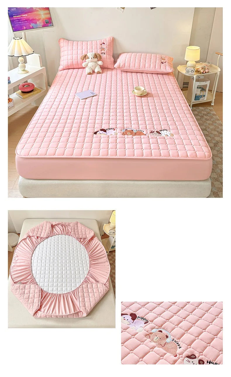 Cartoon Embroidered Bed Cover Quilted Mattress Protector Non-slip Bedspread Thicken Bed Linen 매트리스 커버	 (No Pillowcase)