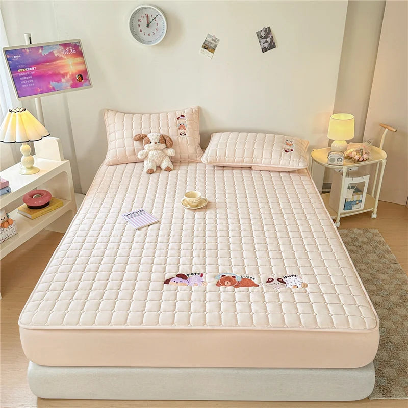 Cartoon Embroidered Bed Cover Quilted Mattress Protector Non-slip Bedspread Thicken Bed Linen 매트리스 커버	 (No Pillowcase)