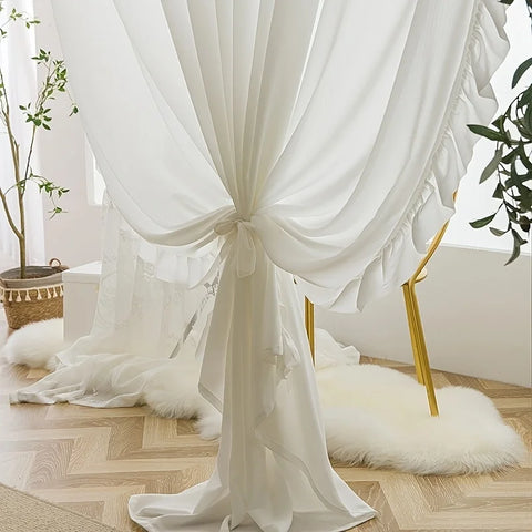 White Vintage Ruffle Tulle Curtains For Girls Bedroom Romantic Bay Window Drapes Living Room Soft Chiffon Thicker Sheer