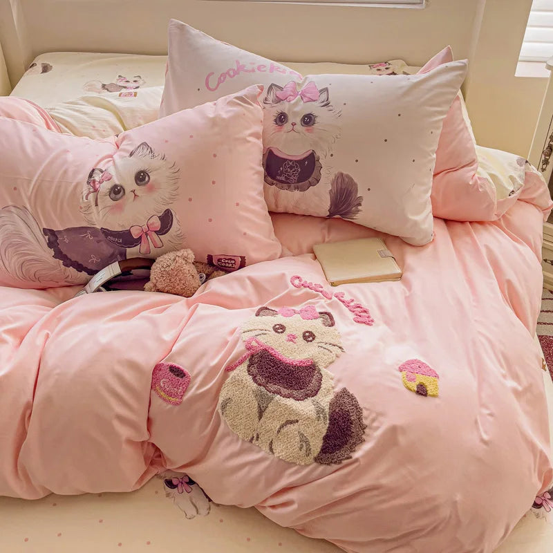 Cute Pink Cartoon Cat Towel Embroidery Girls Kids Bedding Set Soft Washed Cotton Duvet Covers Set Bed Sheet Pillowcases 3/4Pcs