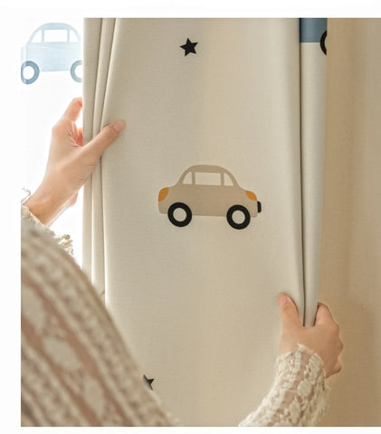 1PC Cute Cartoon Car Children's Blackout Curtains, Beige Shading Curtains For Kids Bedroom Window Decoration,  Tulle Curtains