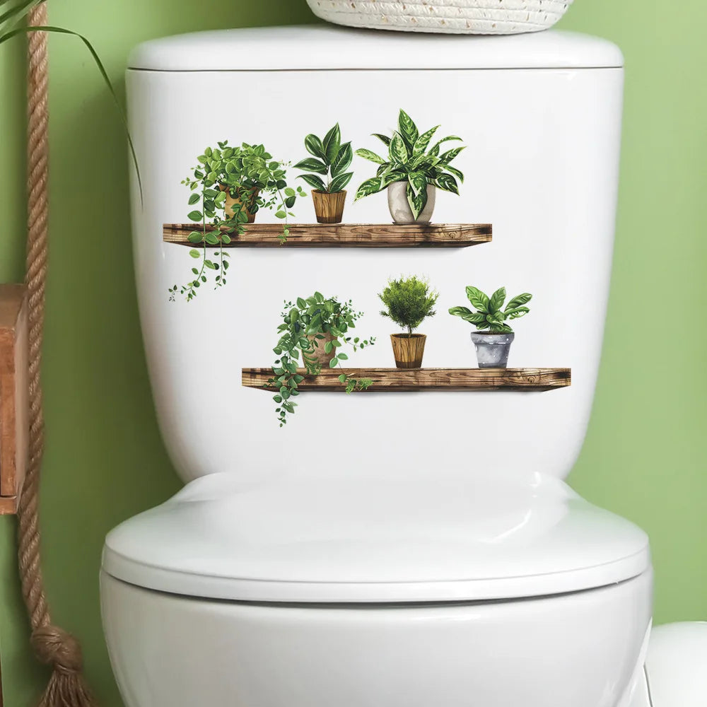 Green Plant Leaves Bathroom Toilet Sticker WC Closestool Wall Sticker Self Adhesive Mural Beautify Flower Home Decoration Decals