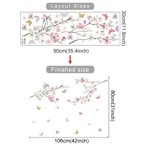 Pink Flowers Blooming Tree Branch Butterfly  Floral Watercolor Wall Stickers for Nursery Bedroom Living Room Wall Decals Murals