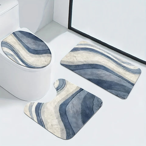 3-piece bathroom rug set, non-slip bath mat, U-shaped toilet mat, toilet seat cover, thick, soft and comfortable, rendered blue