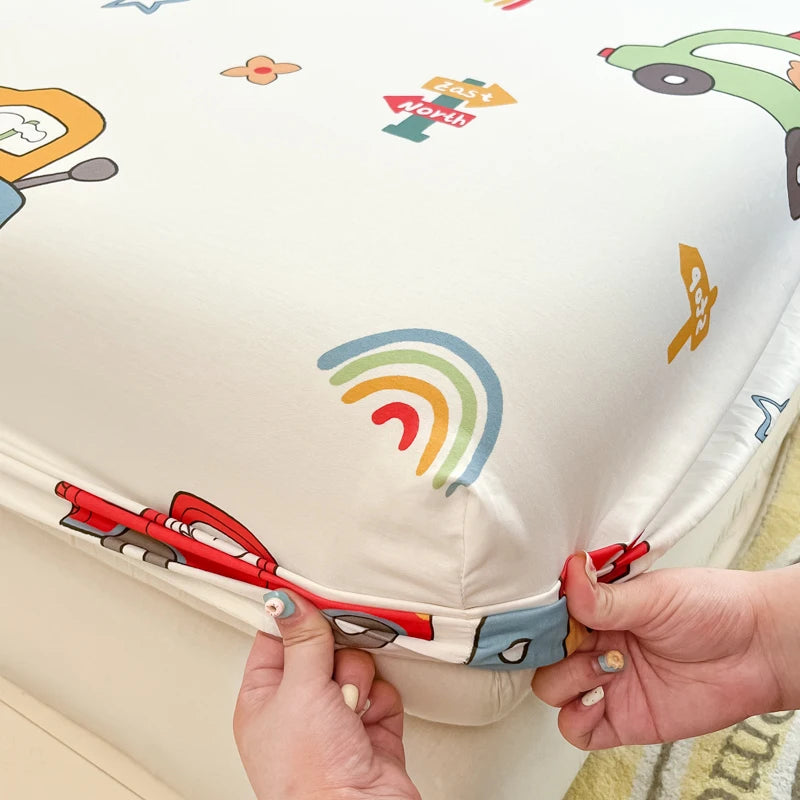 1pc 100%Cotton Bed Sheet for Kids Cartoon Style Car Printed Fitted Sheet with Elastic Band for Boys Pure Cotton Single Bed Cover