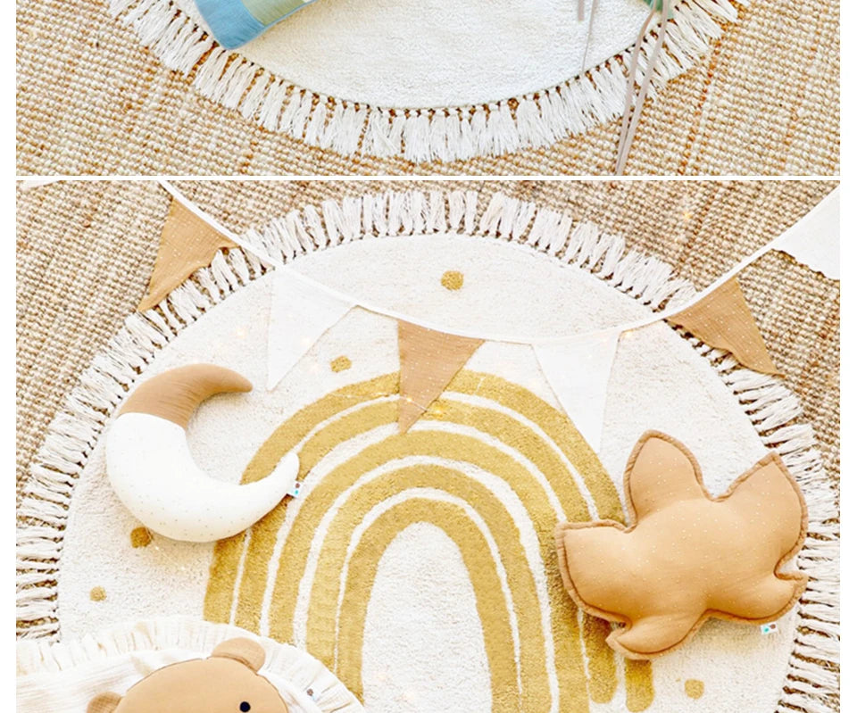 Cute Round Rug Bedroom Tassel Carpet Mat Bedside Kids Room Ddecoration Cartoon Floor Mats Home Soft Machine Washable Area Rugs