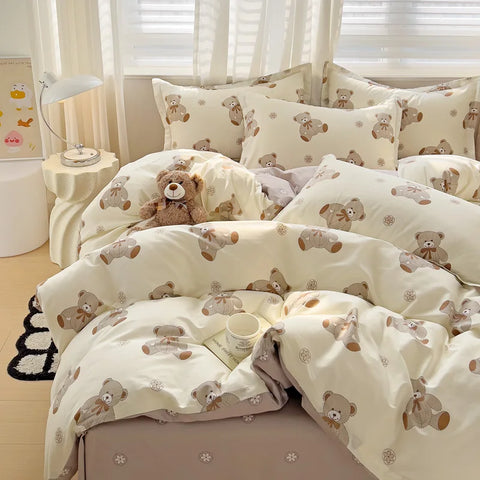 Cute Bear Duvet Cover Set for Teens, 3-Pieces Set 100%Cotton Comforter Cover with Pillow Shams, Soft Comfortable Kids Bedding