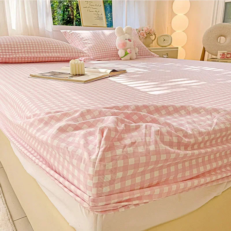 New Ultra-Thin Grid Pattern Fitted Sheet Set Washed Cotton Skin-Friendly Mattress Dust Cover Soft Breathable Household Mat