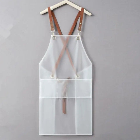 B0KC Transparent TPU Back Cooking Apron Oil-proof Overall Household Kitchen Women Work Clothes with Pocket Halter Apron