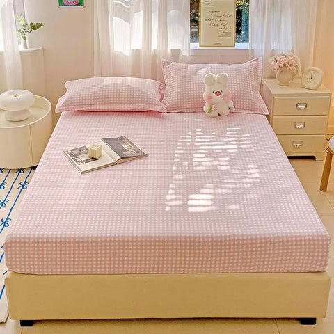 New Ultra-Thin Grid Pattern Fitted Sheet Set Washed Cotton Skin-Friendly Mattress Dust Cover Soft Breathable Household Mat