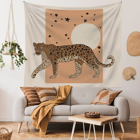 Star Leopard Moon Tapestry Boho Retro Wall Hanging Decor Polyester Fade-Resistant Indoor Outdoor Minimalist Aesthetic Banner