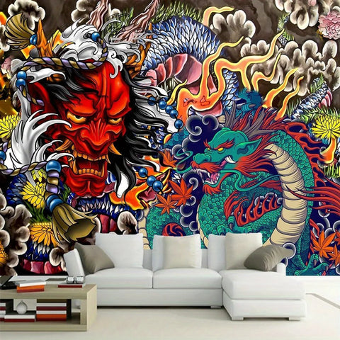 1pc Vibrant Japanese Dragon Tapestry-Fabric Wall Hanging, Aesthetic Anime Art Tapestry for Living Room or Bedroom Decoration