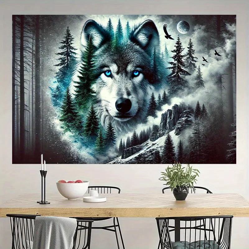 Mysterious Forest Lone Wolf Tapestry, Polyester Wall Hanging Art, Suitable for Indoor and Outdoor Decoration, Home, Living Room
