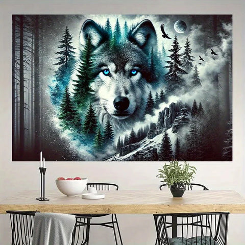 Mysterious Forest Lone Wolf Tapestry, Polyester Wall Hanging Art, Suitable for Indoor and Outdoor Decoration, Home, Living Room