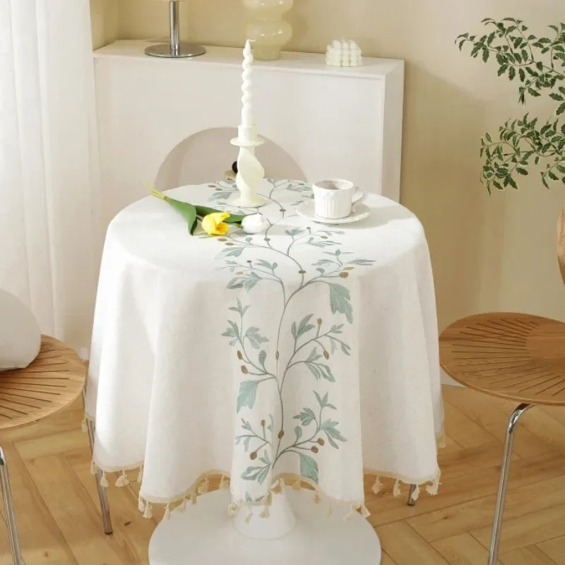 Solid Embroidery Round Tablecloth with Tassels Dust-Proof Table Cover for Kitchen Living Room Dinning Party Tabletop Decorations