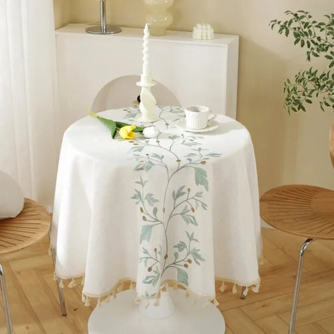 Solid Embroidery Round Tablecloth with Tassels Dust-Proof Table Cover for Kitchen Living Room Dinning Party Tabletop Decorations