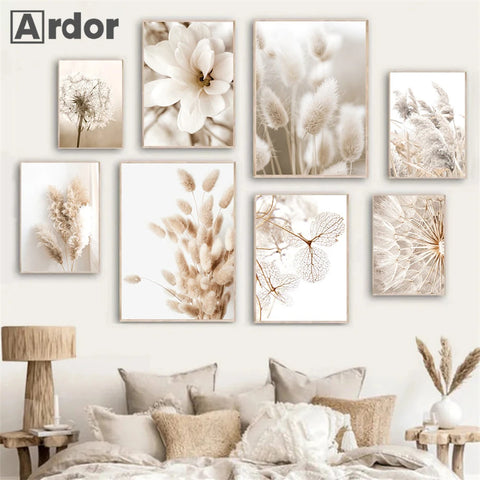 Nordic Beige Dandelion Painting Poster Reed Canvas Art Print Flower Posters Bunny Tail Grass Wall Art Picture Living Room Decor