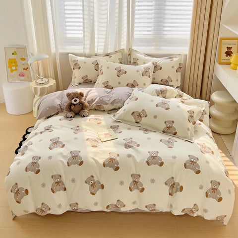 Cute Bear Duvet Cover Set for Teens, 3-Pieces Set 100%Cotton Comforter Cover with Pillow Shams, Soft Comfortable Kids Bedding