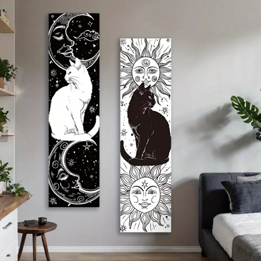 Whimsy Cat Black and White Cat Vertical Tapestry Sun and Moon Long Wall Hanging Starry Sky Aesthetic Art Tapestry Wall Decor