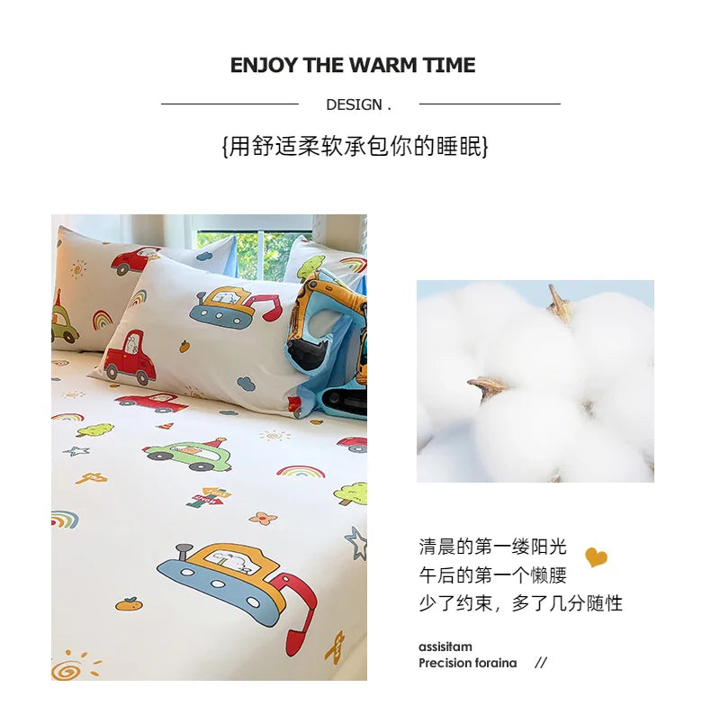 1pc 100%Cotton Bed Sheet for Kids Cartoon Style Car Printed Fitted Sheet with Elastic Band for Boys Pure Cotton Single Bed Cover