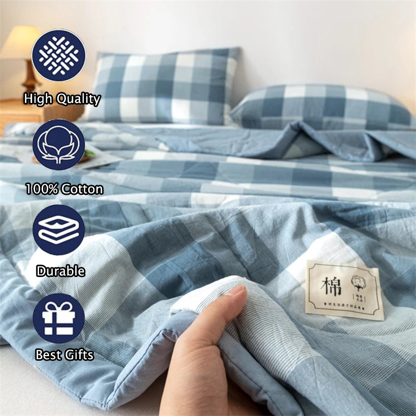 Ins Style Summer Quilt with 100% Cotton Filling Lightweight Skin-friendly Pure Cotton Quilt Plaid Style Thin Comforter Bed Duvet