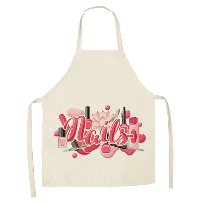 Linen Flower Nail Polish Theme Print Kitchen Aprons Unisex Dinner Party Cooking Bib Funny Pinafore Cleaning Apron