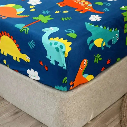 Solstice Kids Dinosaur Bed Sheet Set - Cartoon Printed Draps De Lit With Pillowcase, Elastic Fitted (Single/Twin, 100% Cotton)