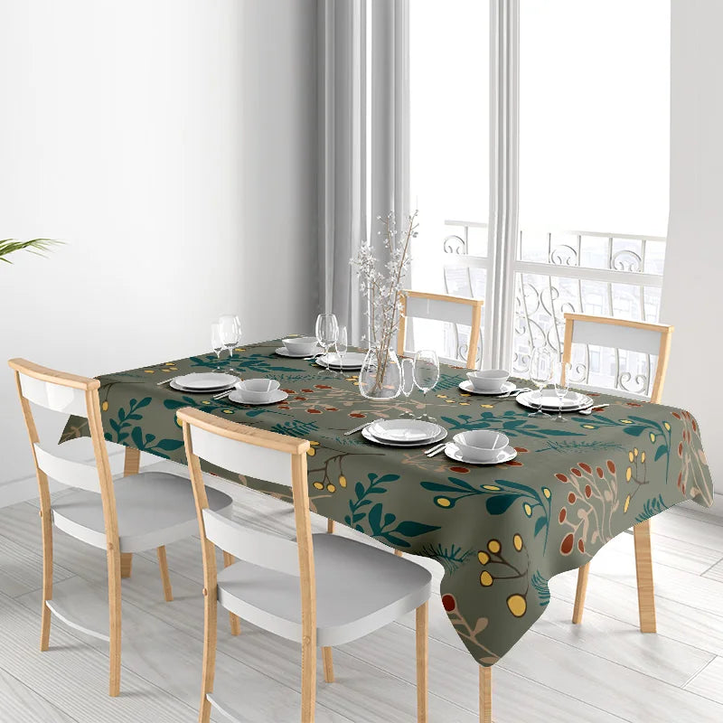 Elegant Floral Tablecloth, Green Yellow Leaves Print, Round Dining Cover 4 Seater Set for Kitchen Decoration Home Textiles on Al