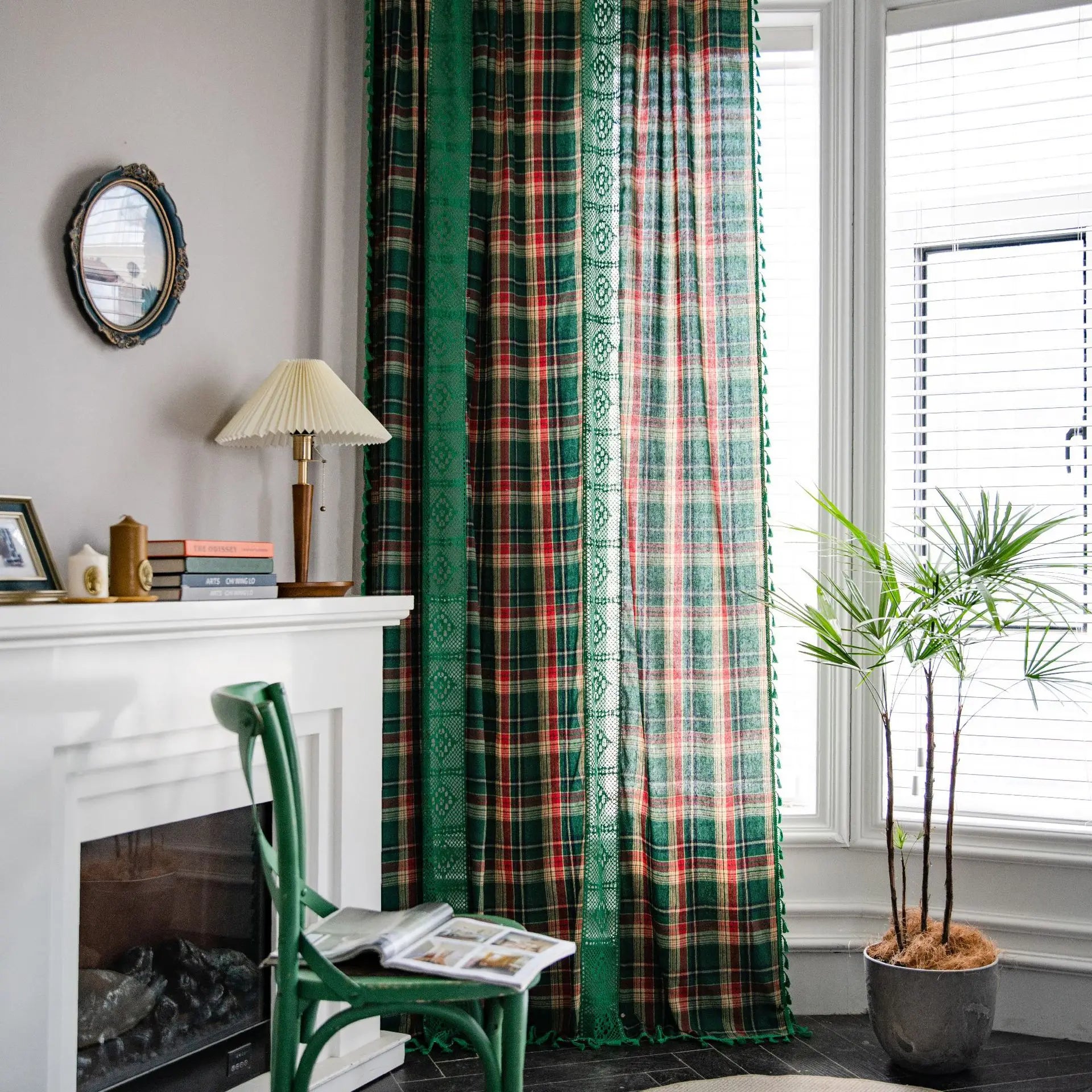 Curtain Green Grid Splicing Color Woven American Finished Kitchen Curtains Bay Window Curtains Semi Blackout Curtains