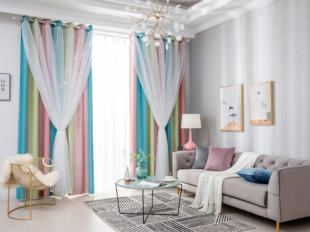 Rainbow Hollow-Out Star Blackout Curtains for Girl Kid Nursery Bedroom and Living Room Double Layer Window Cute Grommet Curtains