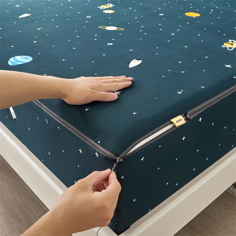 Printing Waterproof Mattress Cover With Zipper Queen Twin Bed Fitted Sheet 6 Sides Removable Inclusive Mattress Protector Pad