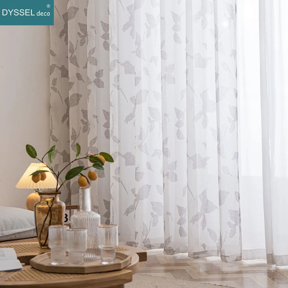Natural Printed Sheer Curtains Linen Textured for Living Room Maple Leaf Design Farmhouse Style Window Panel Drapes Grommet Top