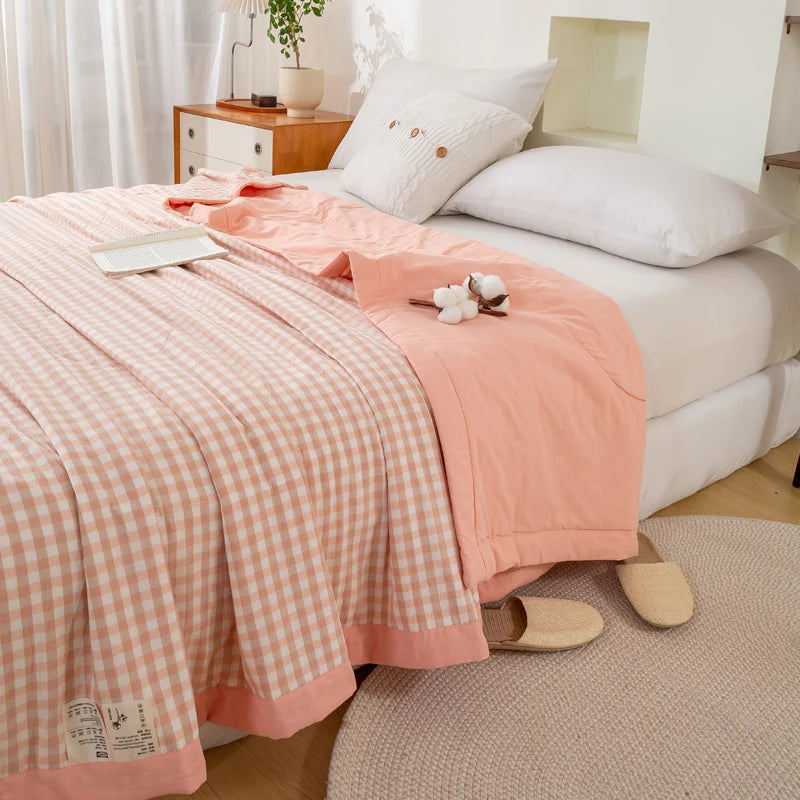 Japanese-style Plaid Summer Blanket 100% Cotton Skin Friendly Quilted Queen Quilt 220*240 Breathable King Size Duvet Comforter