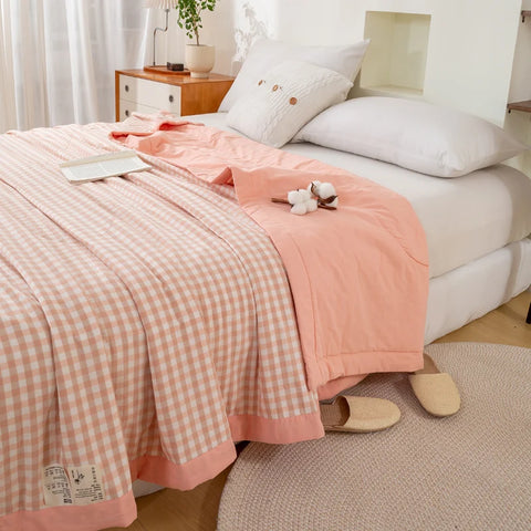 Japanese-style Plaid Summer Blanket 100% Cotton Skin Friendly Quilted Queen Quilt 220*240 Breathable King Size Duvet Comforter