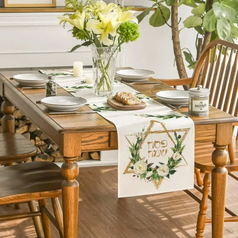Hexagram Flowers Passover Linen Table Runners Kitchen Table Decor Pesach Star of David Jewish Festival Party Table Runners Decor