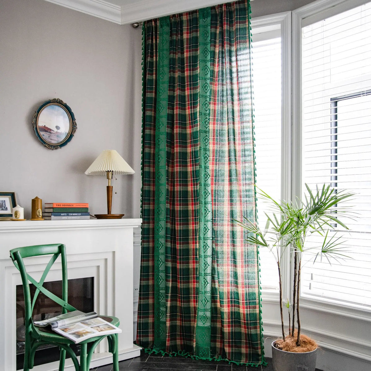 Curtain Green Grid Splicing Color Woven American Finished Kitchen Curtains Bay Window Curtains Semi Blackout Curtains