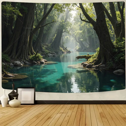 Enchanted Winter Forest Tapestry with Deer and Fox in Snow, Magical Animal Scene Wall Hanging for Bedroom or Living Room Decor