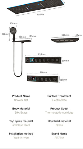 Luxury Brass Ceiling Mount Thermostatic LED digital display Shower Set System Bluetooth Music Rain Shower Head Bathroom Faucet