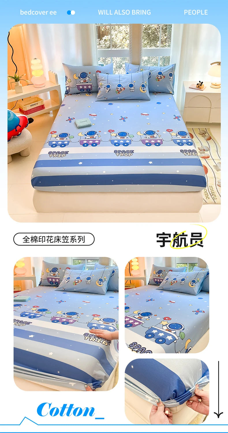 1pc 100%Cotton Bed Sheet for Kids Cartoon Style Car Printed Fitted Sheet with Elastic Band for Boys Pure Cotton Single Bed Cover