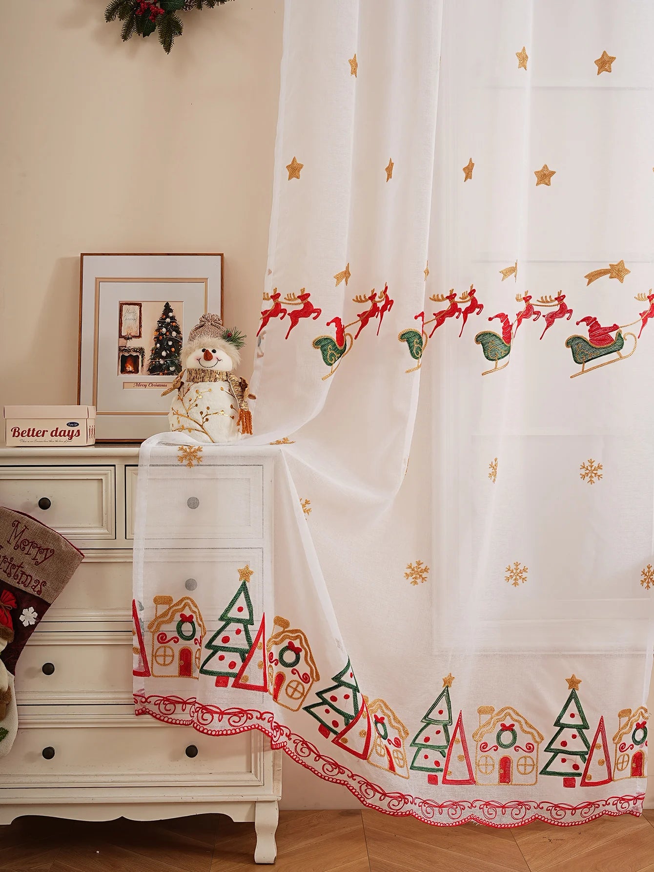1PC Christmas Reindeer Sleigh Embroidered Tulle Pole Curtain for Living Room Bedroom Holiday Party Decor