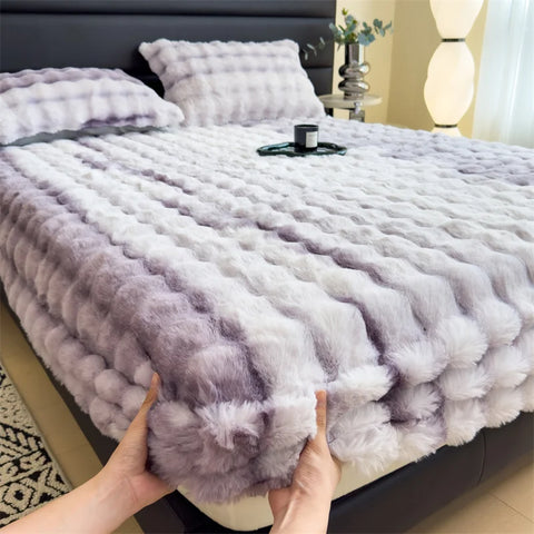 Luxury Faux Rabbit Plush Fitted Sheet with Deep Pocket Winter Thicken Warm Mattress Protector Soft Fluffy Double Mattress Cover